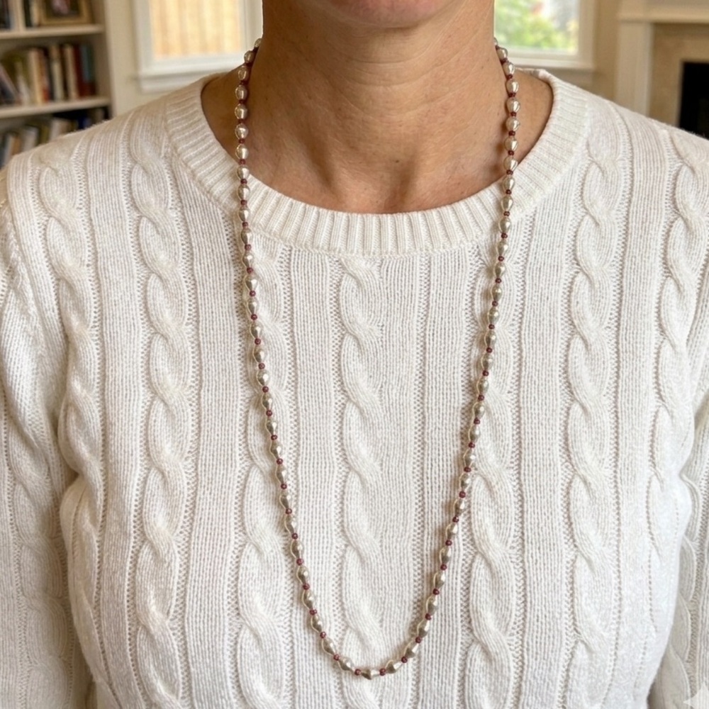 Modern Silver Bead & Crimson Tassel Statement Necklace